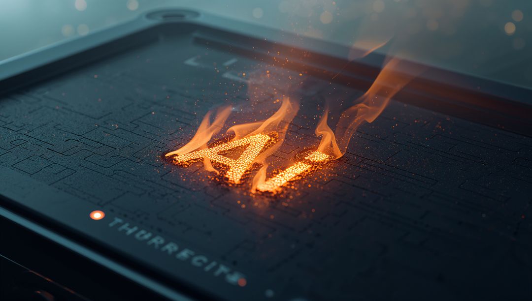 Molten AI Letters Burning on Circuit Board with Indicator Light, Flames, Embers and Sparks