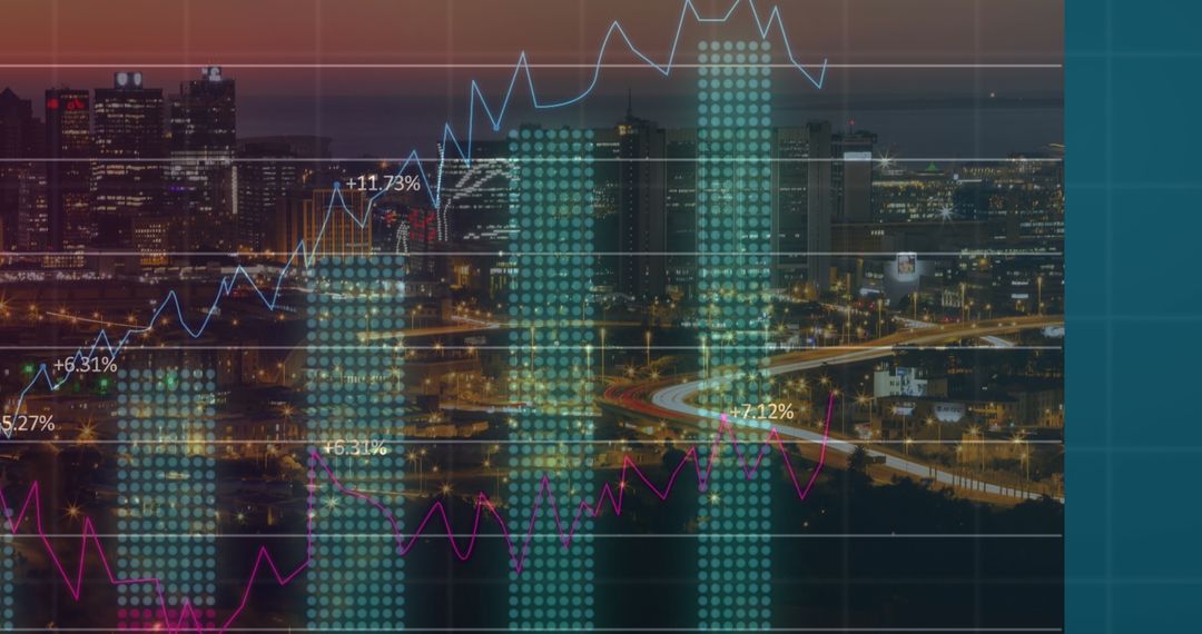 Digital Data Processing Overlay on Cityscape at Dusk