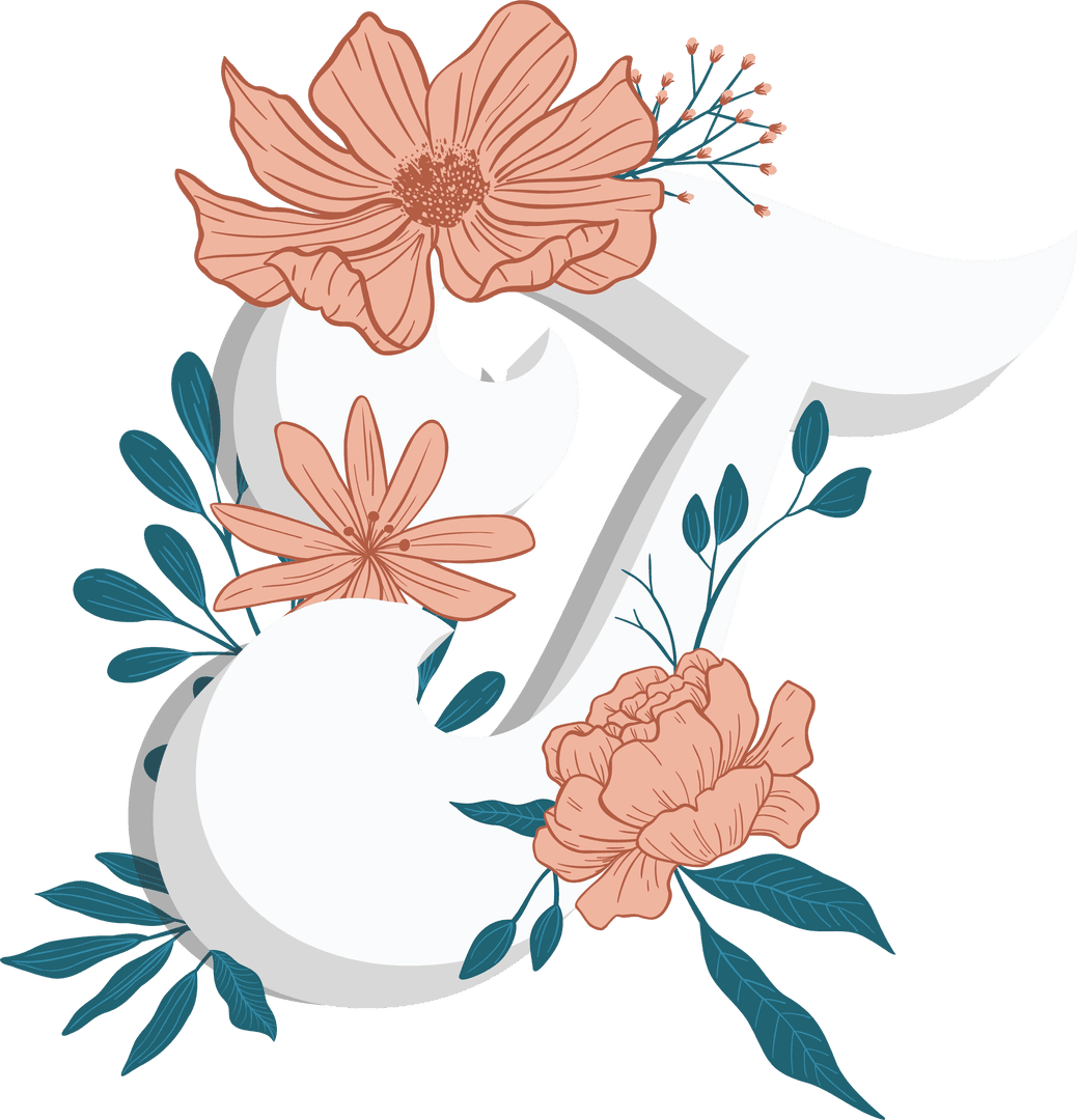 Floral Letter T on Transparent Background with Elegant Botanical Design