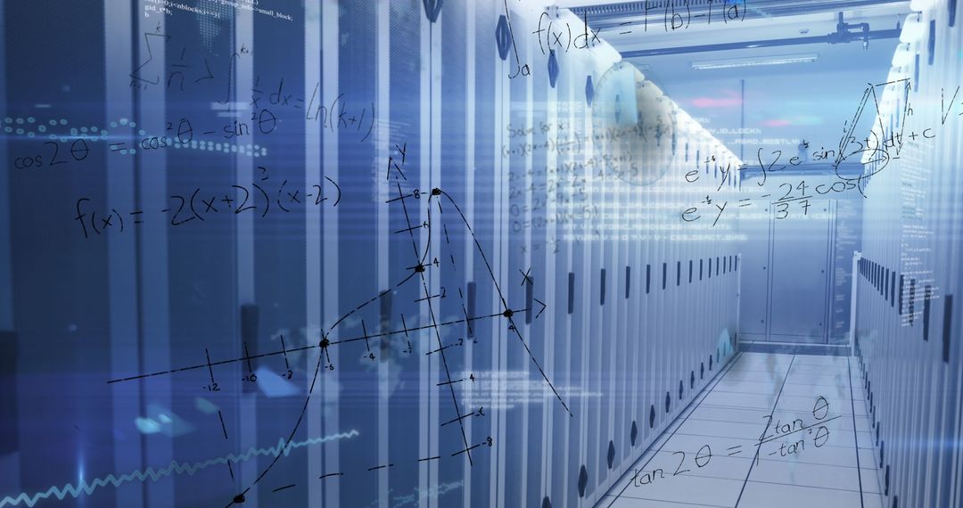 Innovative Data Center with Digital Codes Floating in Corridor