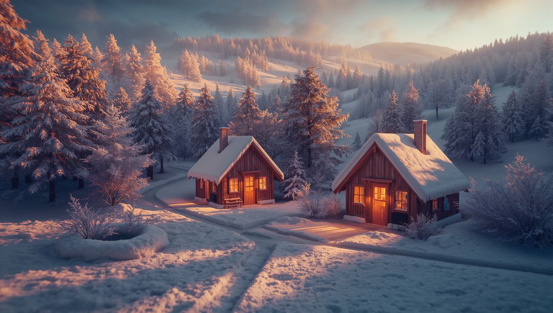 Cozy Winter Cabins Illuminated in Snowy Forest