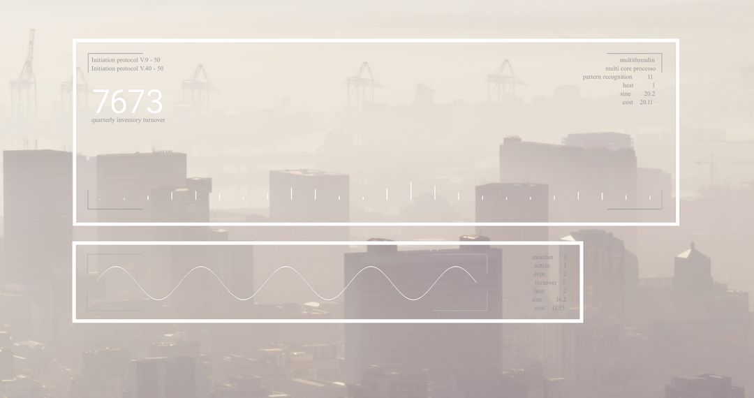 City Skyline Enveloped in Haze with Digital Data Overlay