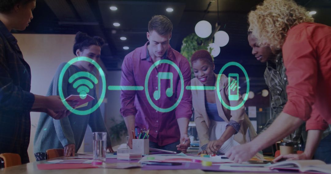 Diverse Team Collaborating With Digital Connection Icons Overlaid