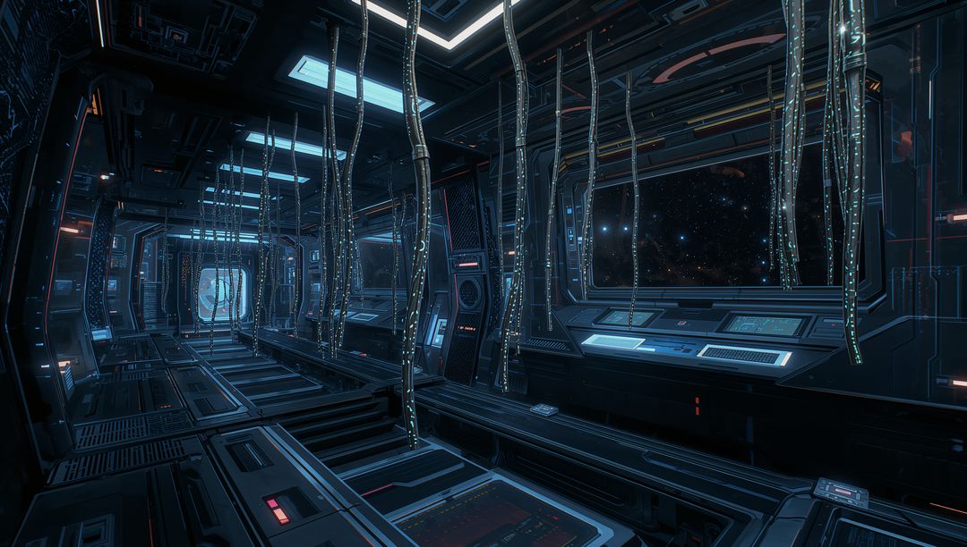 Futuristic Spaceship Corridor with Glowing Digital Consoles