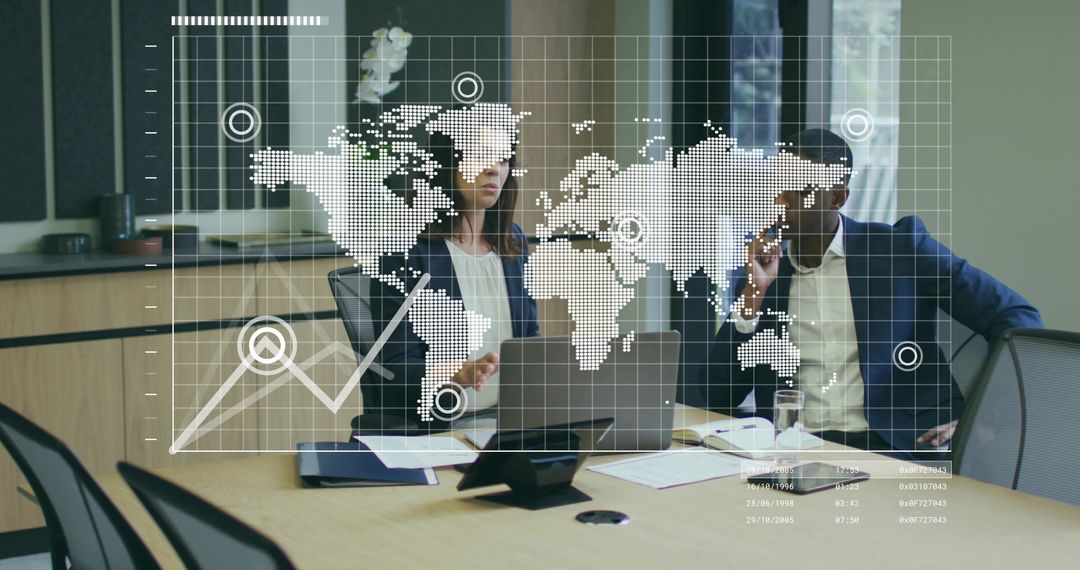 Business Strategy Meeting with Global Data Analytics in Modern Office