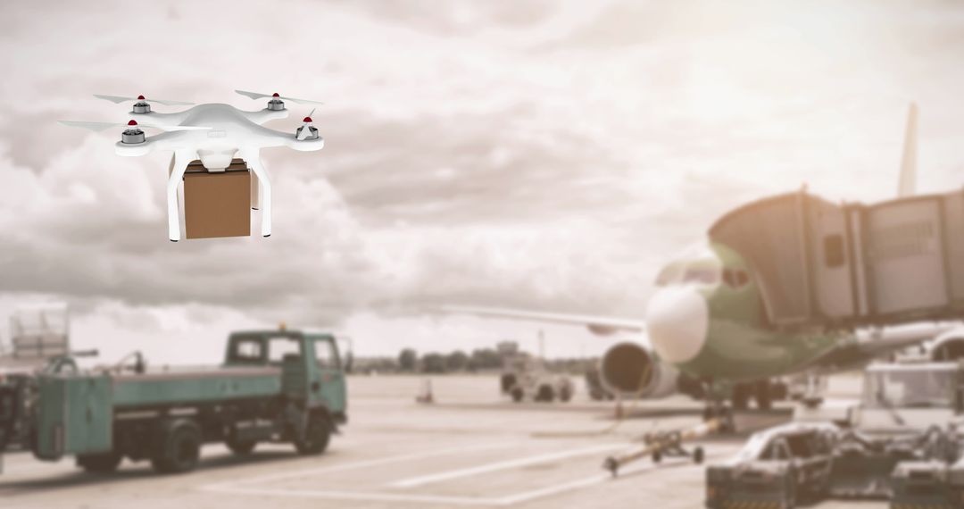 Drone Delivering Package at Airport with Plane and Truck