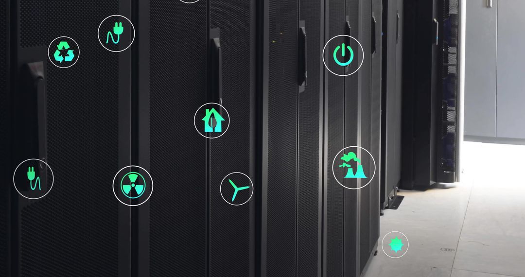 Green Technology Icons Superimposed on Data Servers