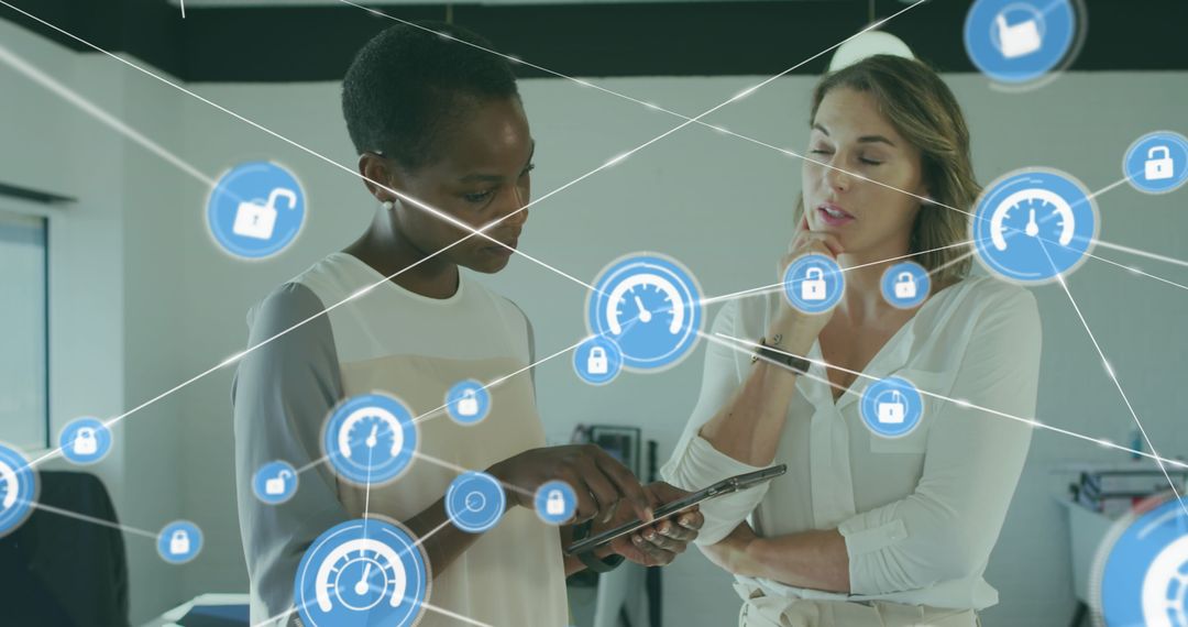 Business Women Analyzing Data with Digital Security Overlay