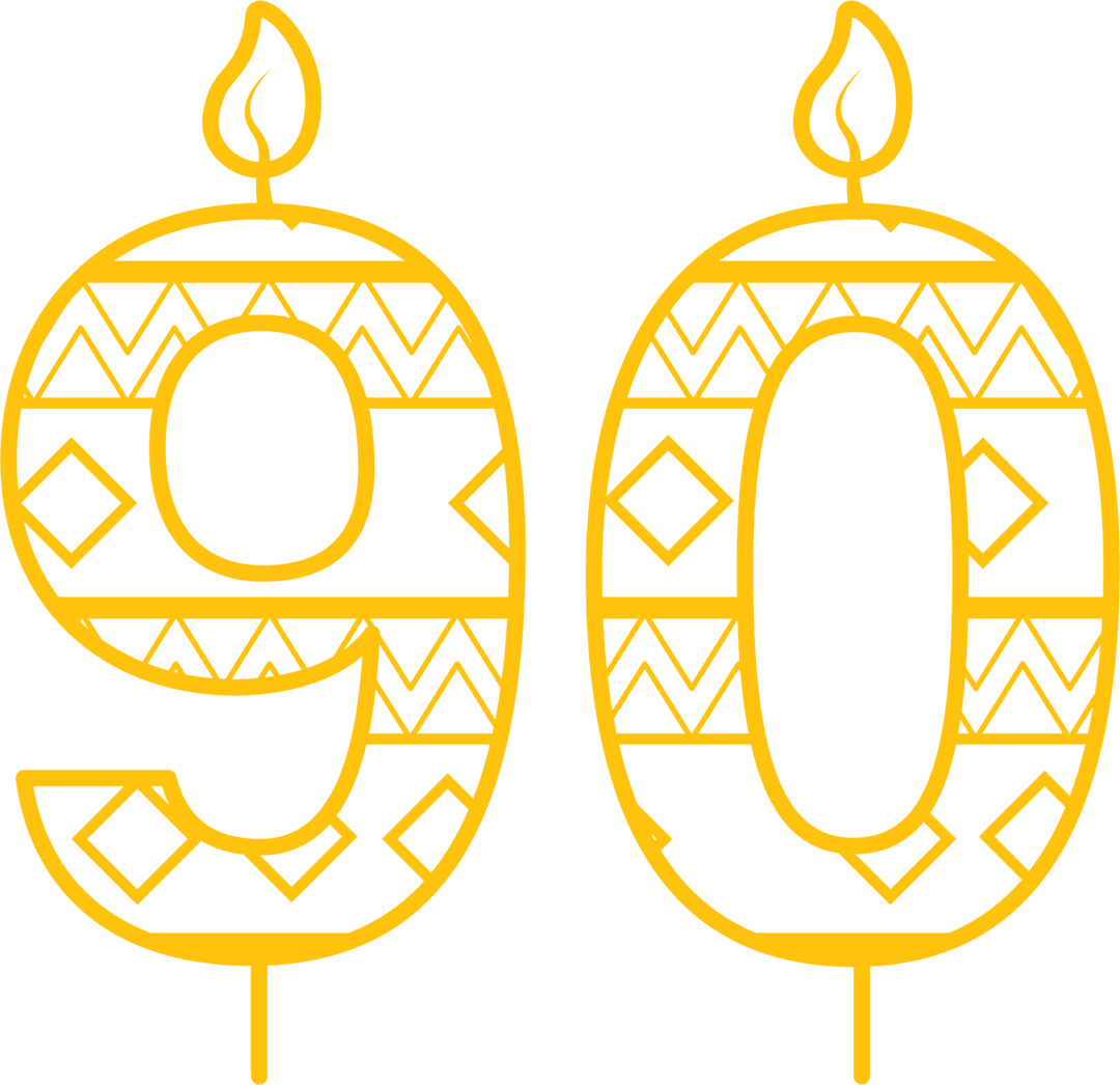 Yellow 90 Number Candle with Flames on Transparent Background
