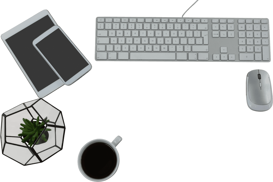 Transparent Workspace with Digital Device Trio and Coffee