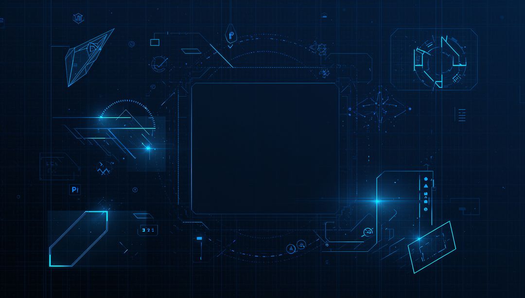 Futuristic Holographic HUD Display Featuring Central Blank Panel on Neon Circuit Grid