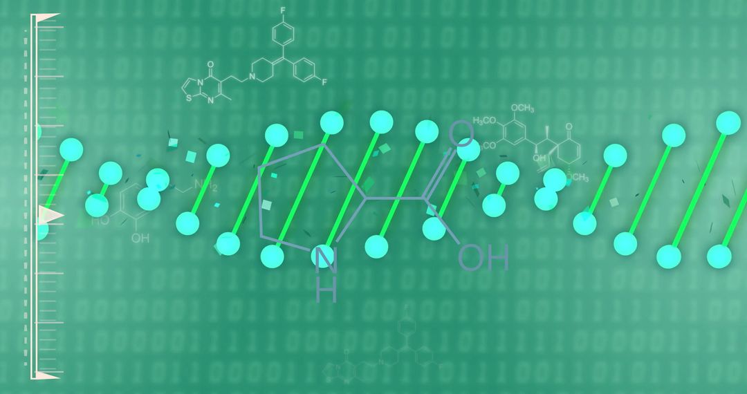DNA Strand and Chemical Formulas on Green Binary Background