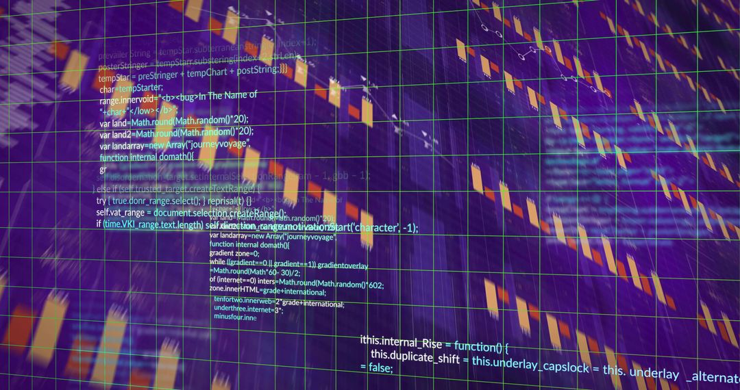Neon candlestick trading chart with green grid and code overlay for fintech UI