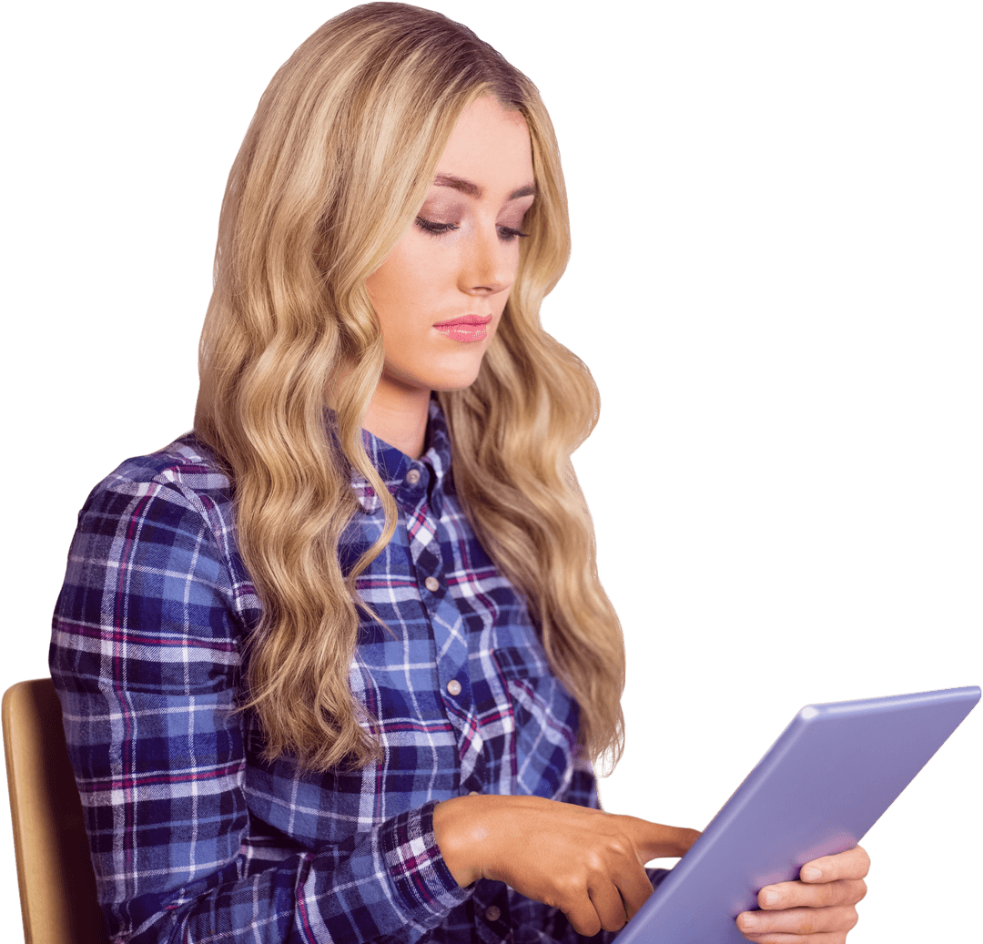 Woman Engaging with Tablet in Transparent Background Setup
