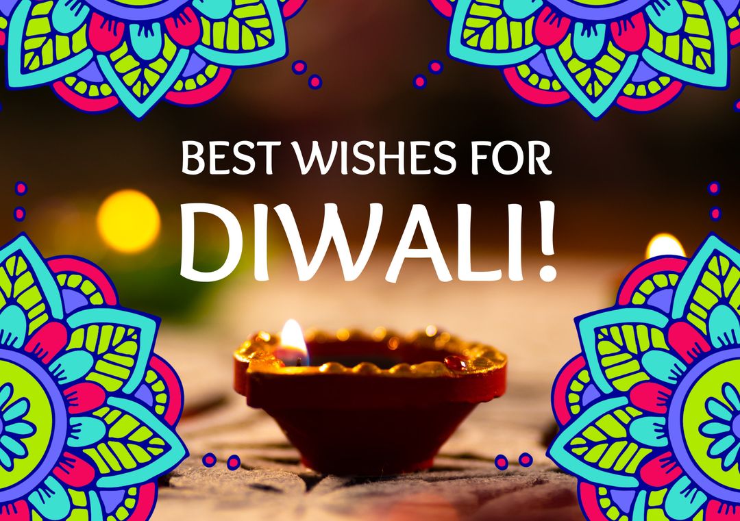 Colorful Diwali Wishes with Traditional Oil Lamp and Floral Borders - Download Free Stock Templates Pikwizard.com