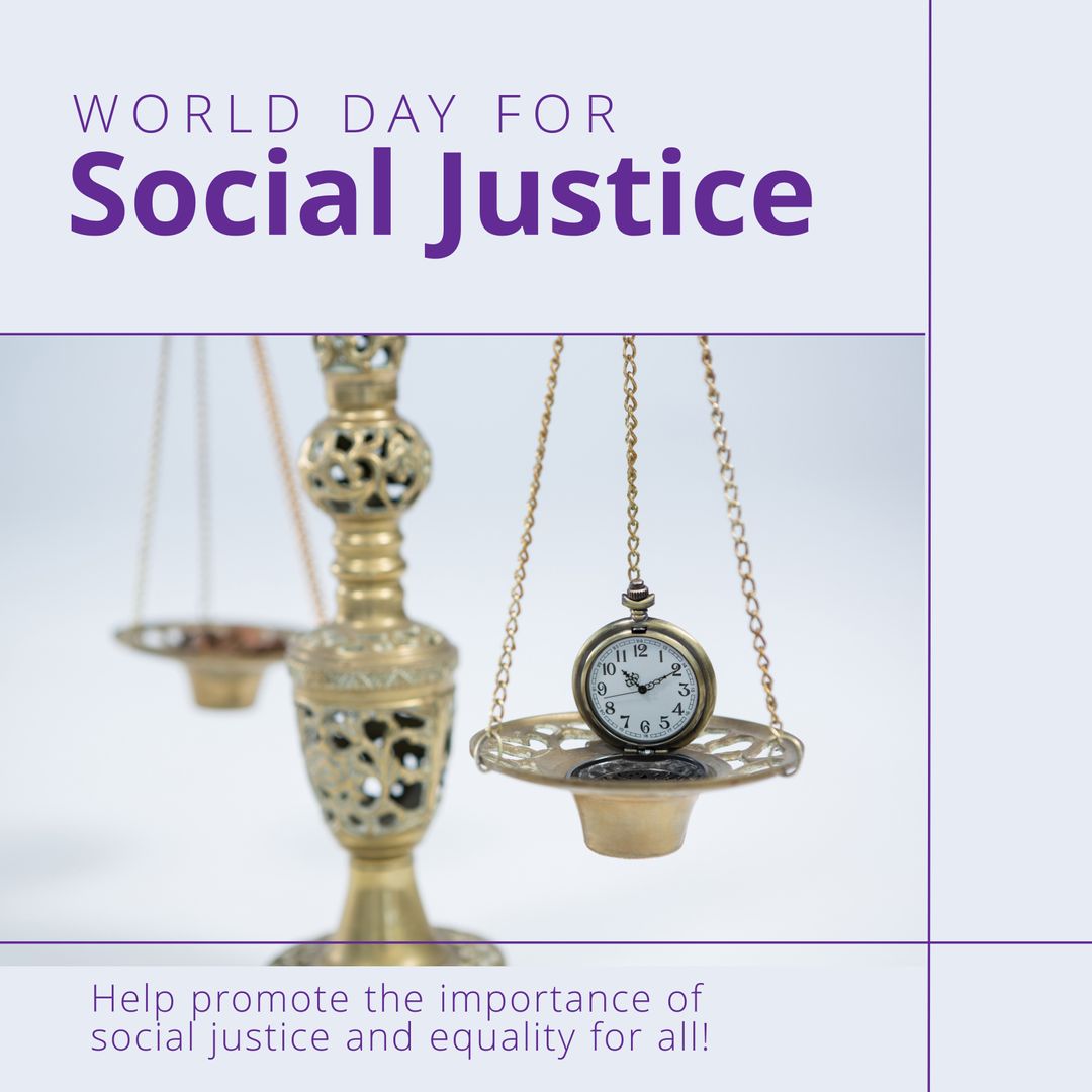Social Justice Day Concept with Scales and Antique Clock