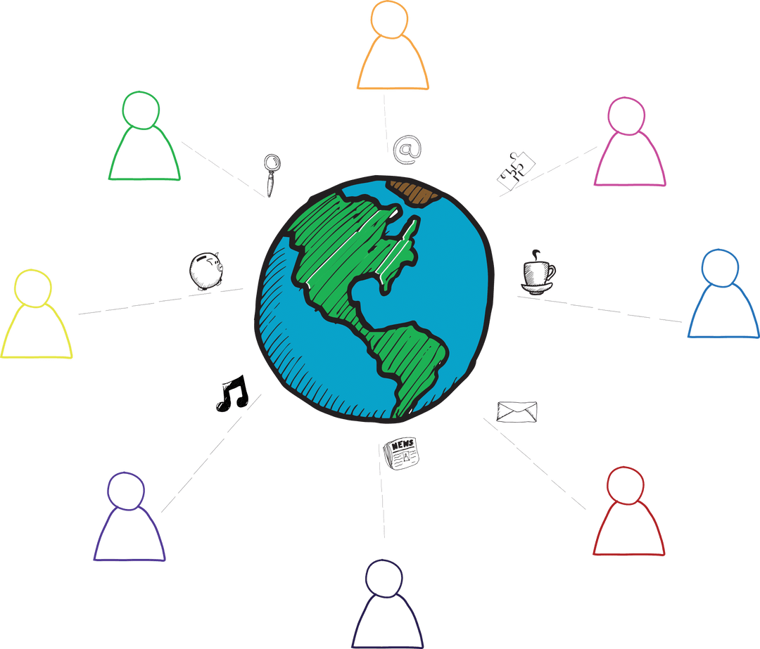 Transparent Earth Illustration with Colorful Human Shapes Surrounding