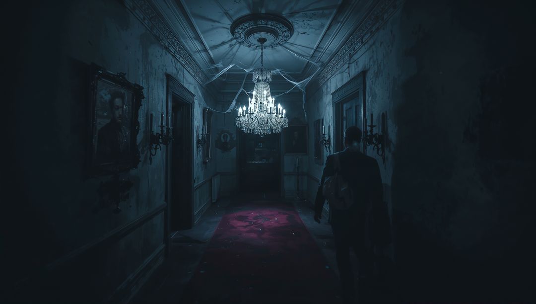 Mysterious Manor Hallway with Shadowy Figure and Chandelier