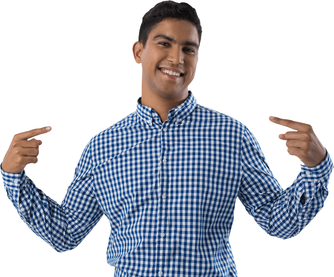 Smiling Man Pointing on Transparent Background Showing Confidence