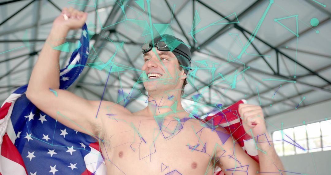 Victorious Swimmer Celebrating with American Flag at Poolside