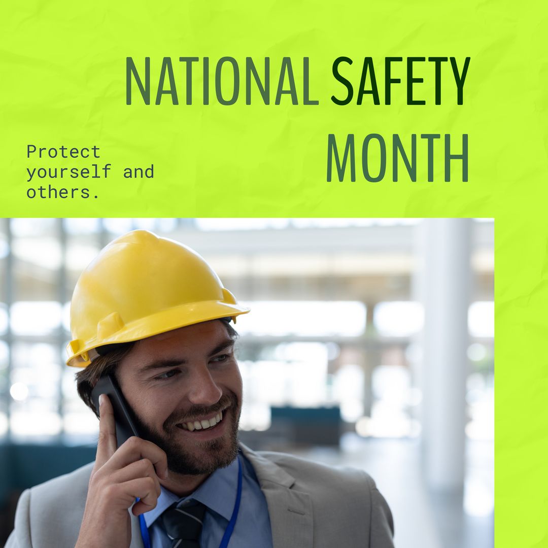 Caucasian Male Engineer Discussing National Safety Month on Phone - Download Free Stock Templates Pikwizard.com