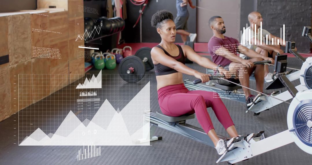 Diverse Individuals Rowing in Gym with Digital Data Overlay