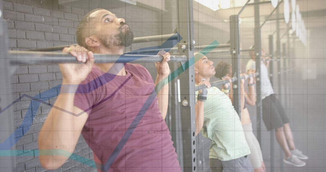 Diverse Group Doing Pull-Ups with Overlaid Data Graphs at Gym