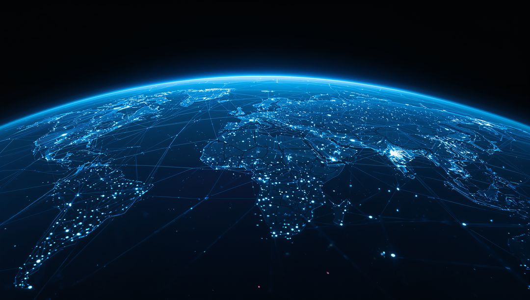Global Digital Network at Night Showing Connected Cities, Mesh Grid and Glowing Horizon