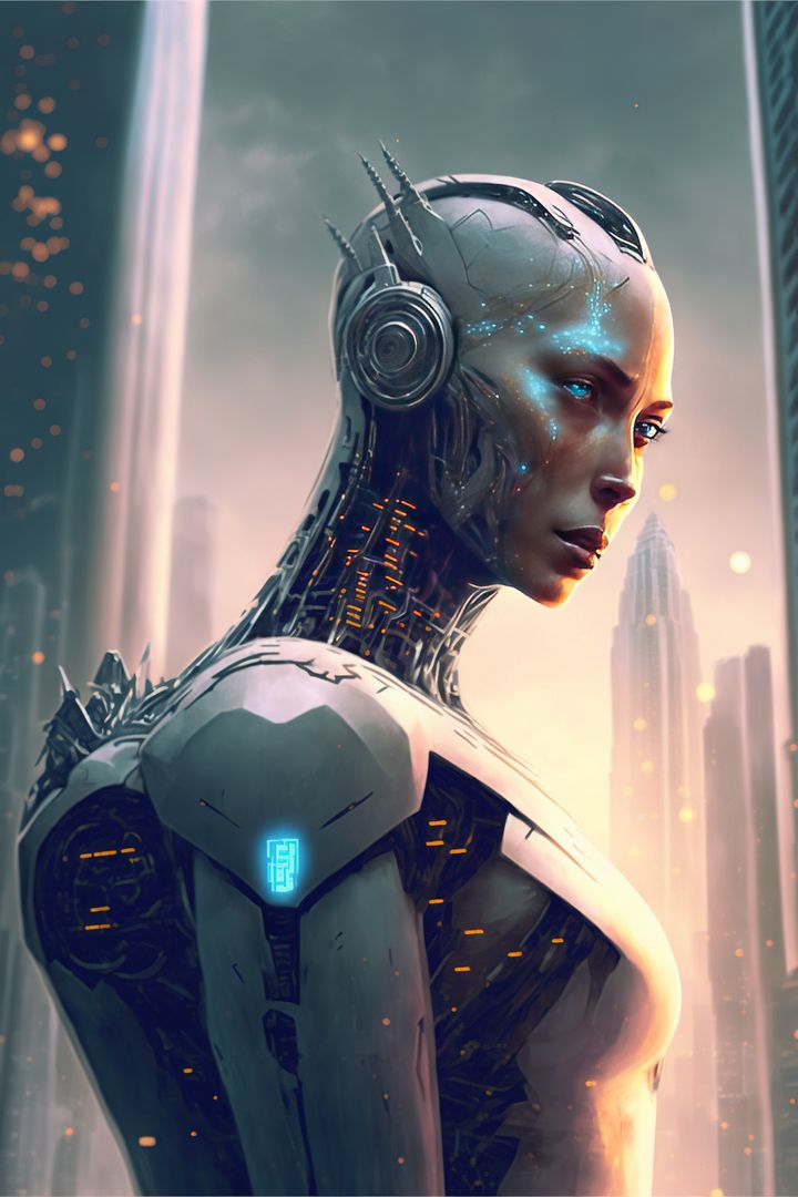 Futuristic Female Android with Cityscape in Background - Free Images, Stock Photos and Pictures on Pikwizard.com