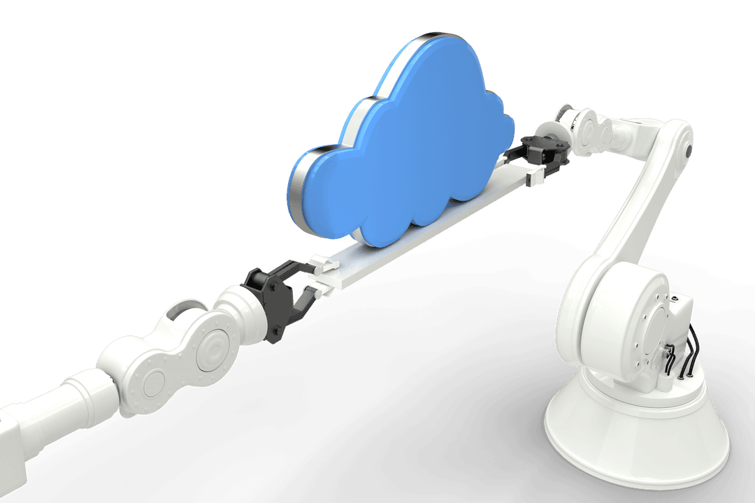 Robotic Arms Presenting Blue Cloud Symbol on Transparent Background