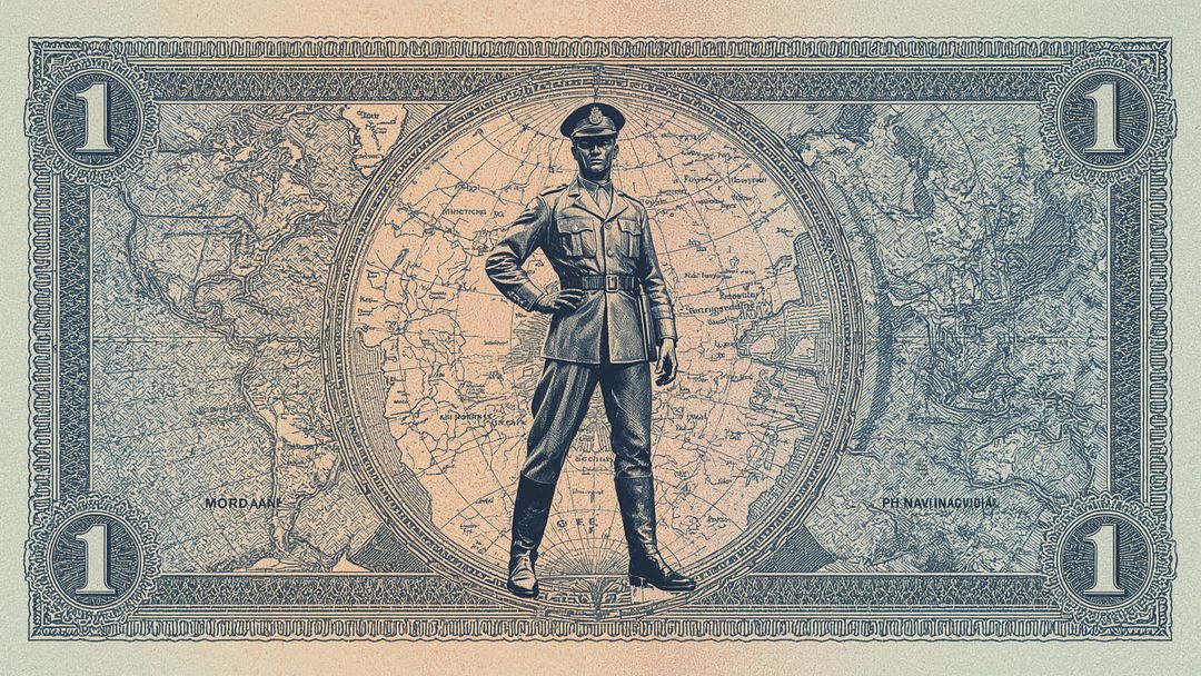 Vintage Military Currency Design Featuring Officer on Polar Map