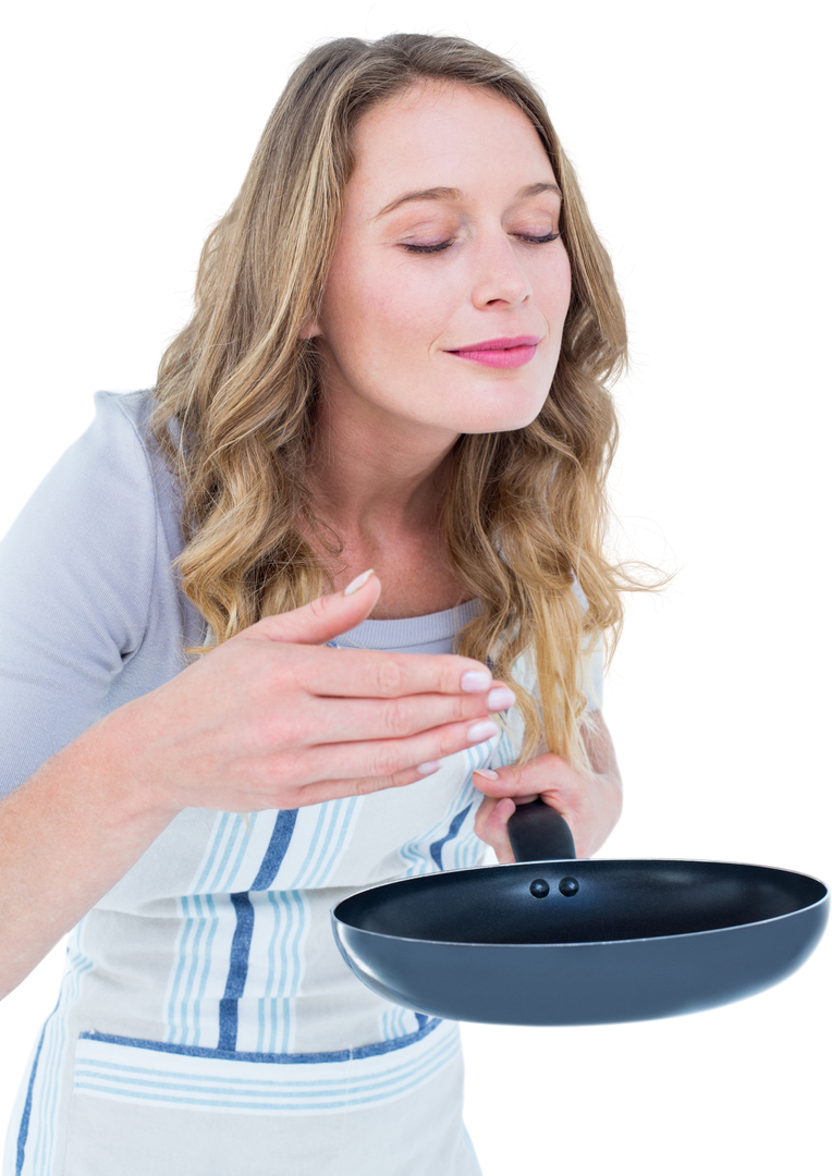 Smiling Woman Smelling Aromatic Meal in Whilte Apron on Transparent Background - Download Free Stock Images Pikwizard.com