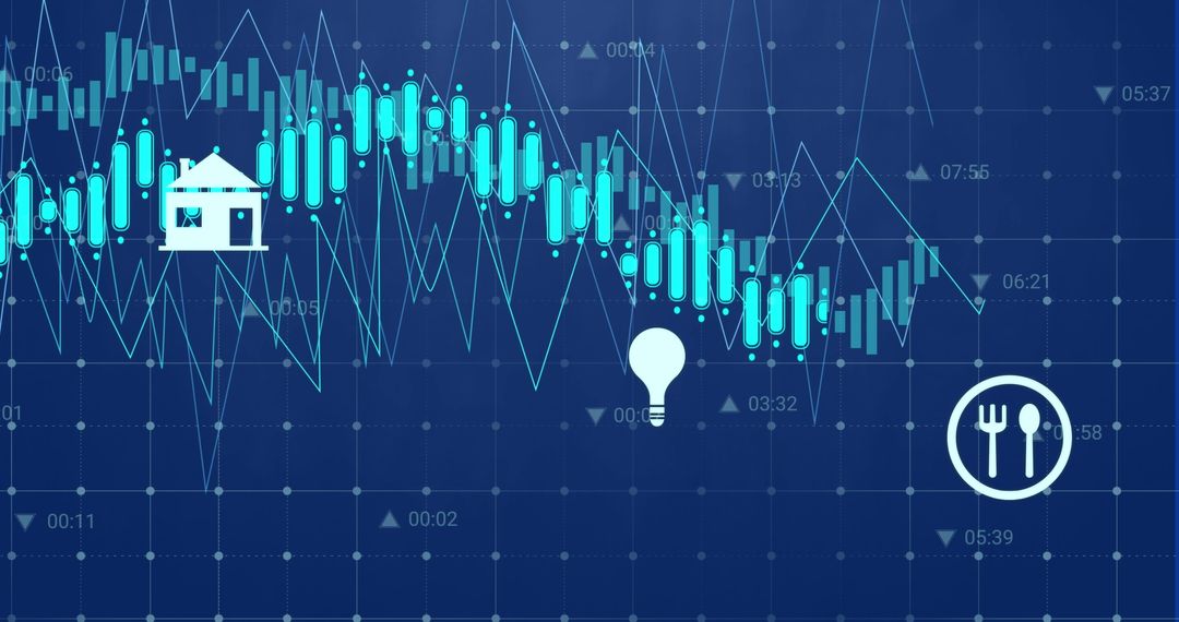 Digital Icons with Financial Data Overlay on Blue Background