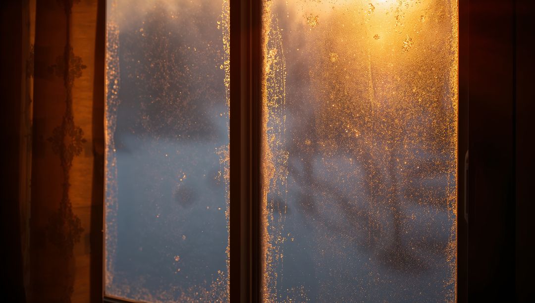 Frosted Cabin Window Catching Golden Low-Angle Sunlight Through Double-Pane Glass