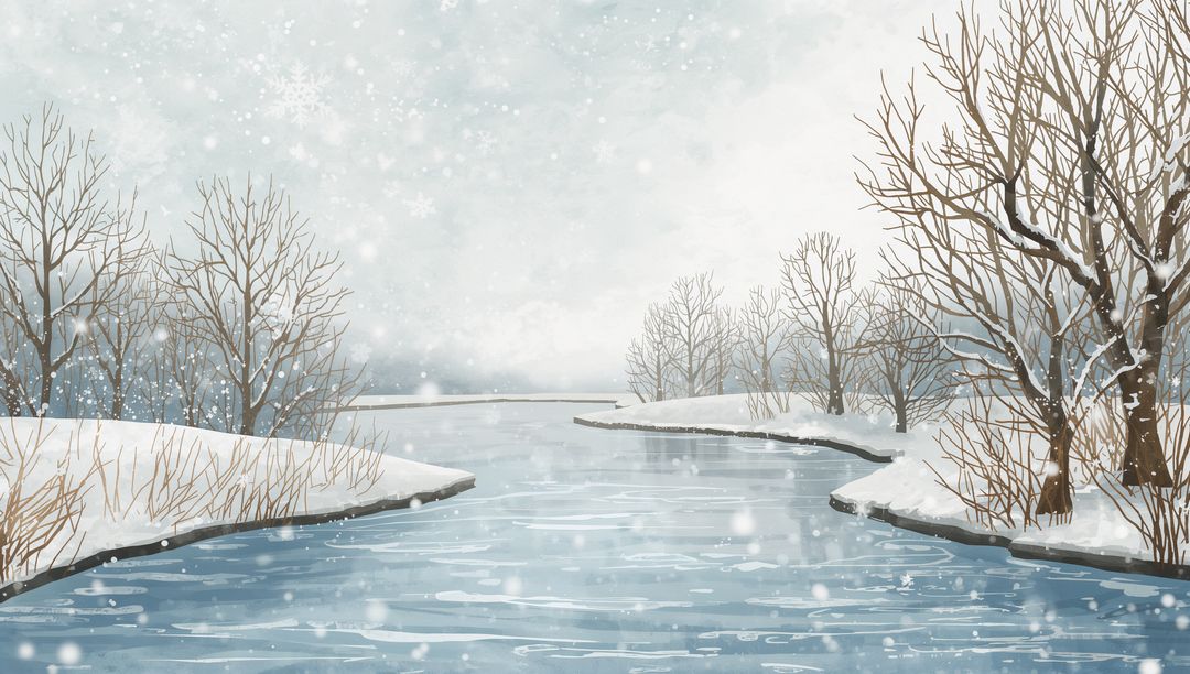 Flowing meandering river reflecting gray sky in misty winter valley with falling snow