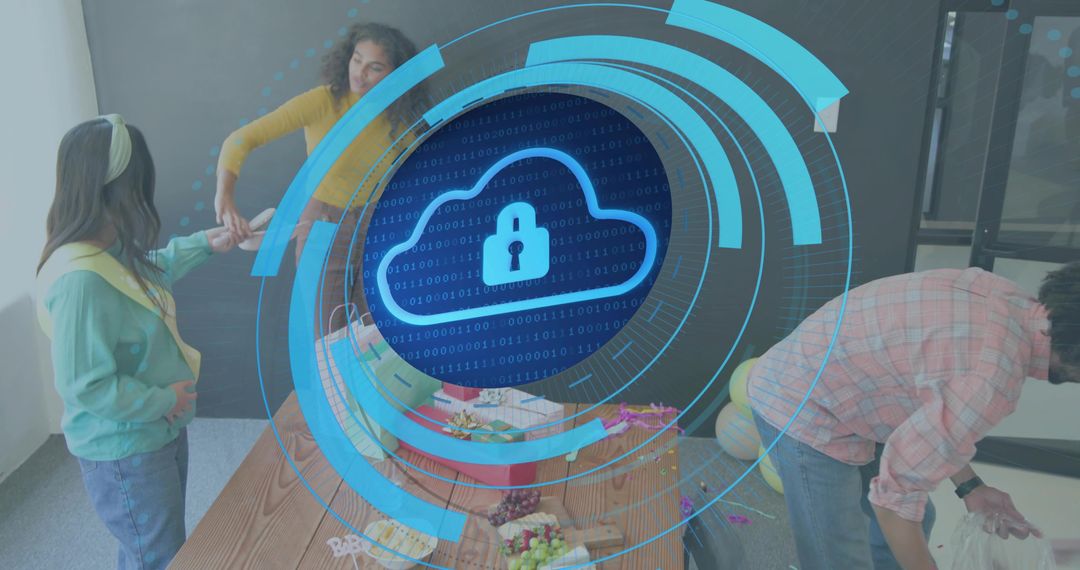 Coworkers Decorating Office Table with Cloud Lock HUD Overlay for Secure Collaboration