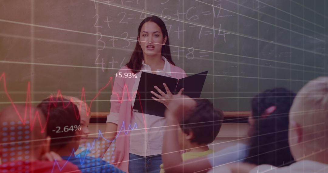 Teacher Presenting Math Lesson with Economic Graph Overlay in Classroom