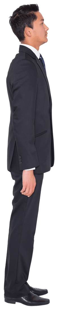 Transparent View of Profile-Standing Asian Businessman in Black Suit