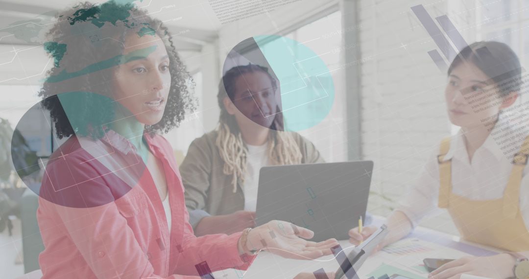 Digital Interface Overlay on Diverse Team in Casual Office Meeting