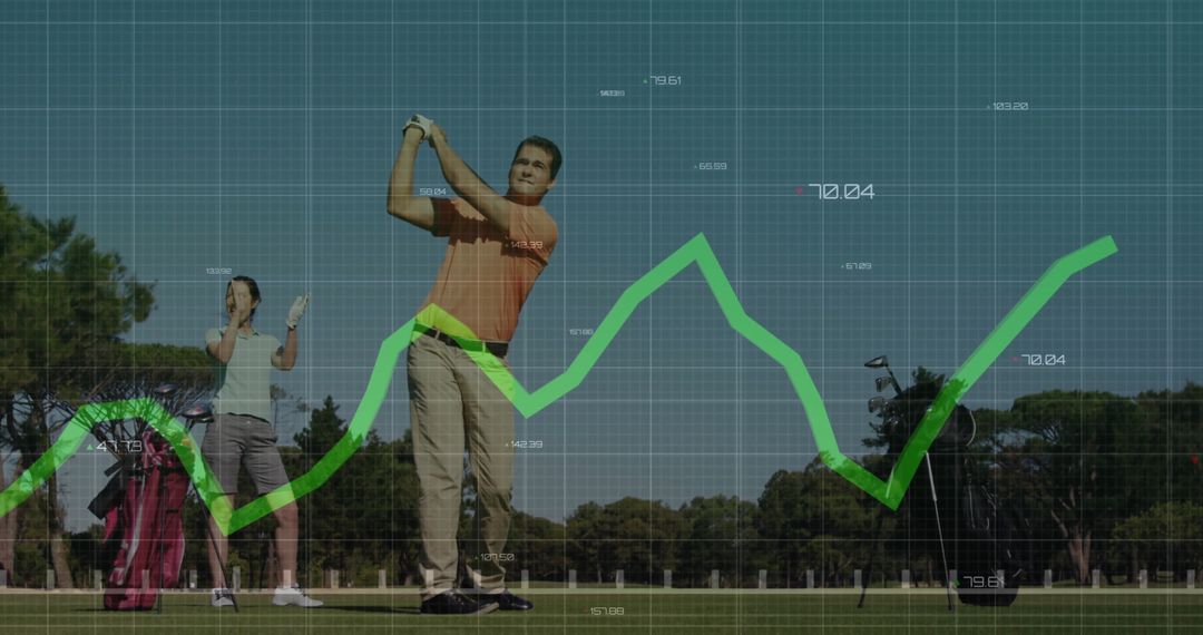 Golfer Analyzing Swing with Data Trends on Fairway