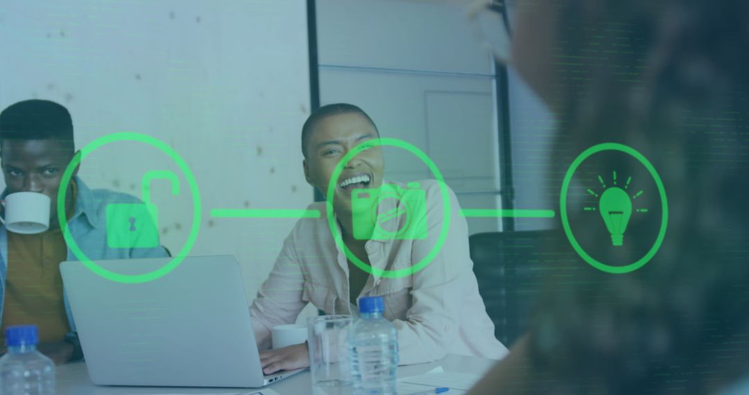 Diverse Team in Modern Office Setting Collaborating with Technological Concepts