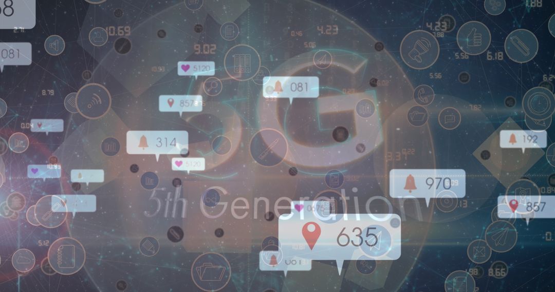 Futuristic Digital Data Overlay with 5G Elements and Icons