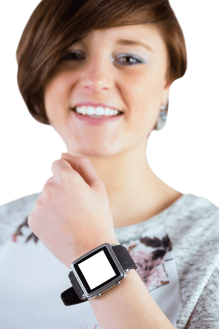 Smiling Woman with Smartwatch Transparent Background Lifestyle