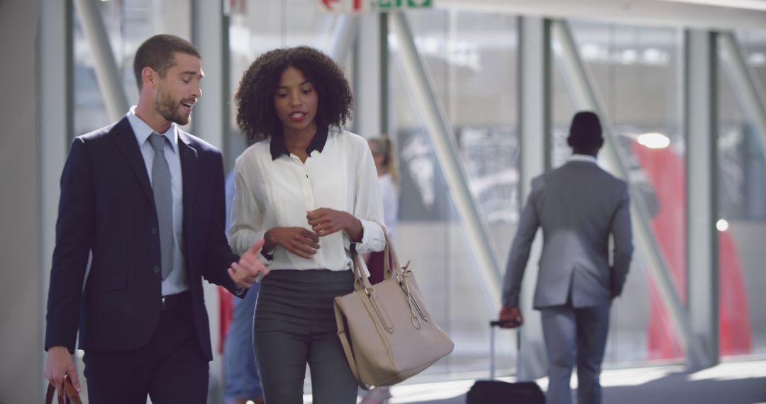 Diverse Business Professionals Discussing in Office Corridor