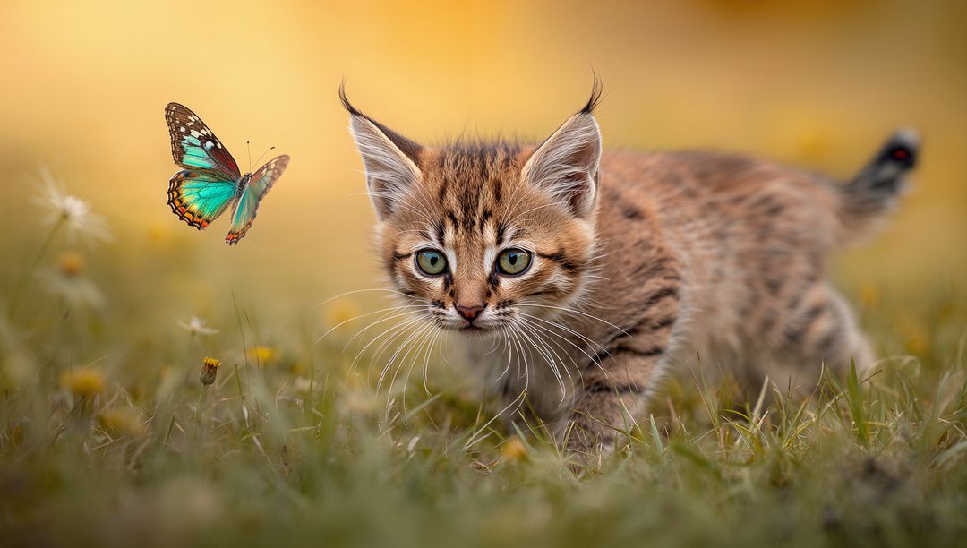 Crouching tabby kitten watching turquoise butterfly in sunlit meadow