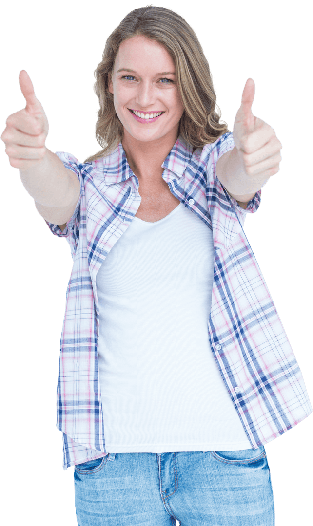 Woman Giving Double Thumbs Up with Cheerful Expression Over Transparent Background