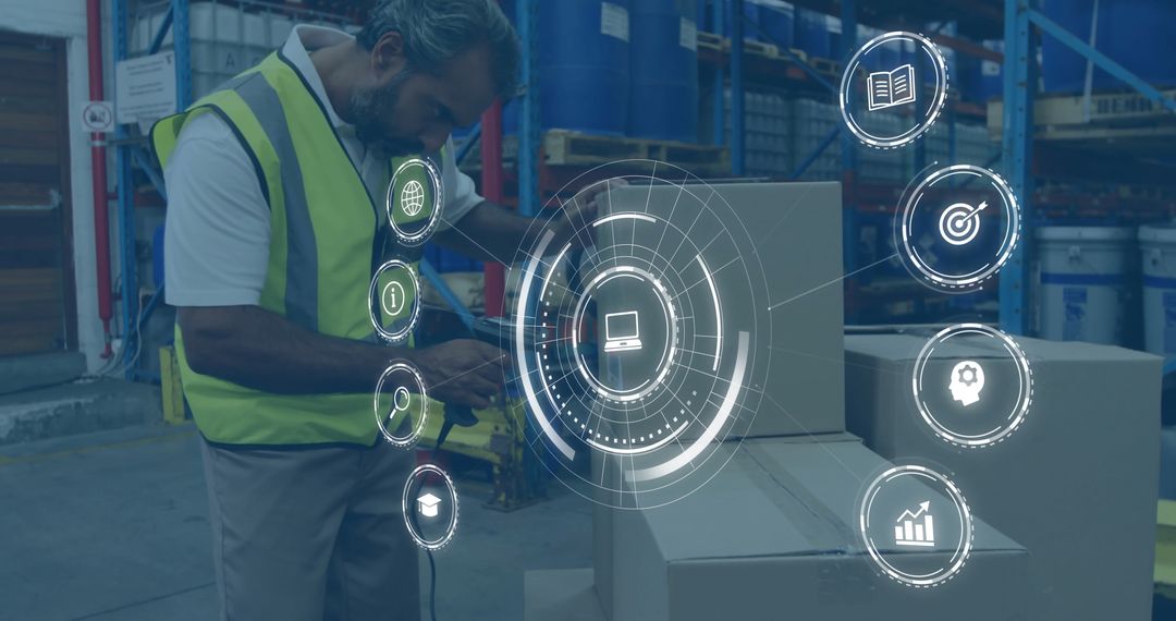 Warehouse Technician Scanning Boxes with Digital Hologram Interface