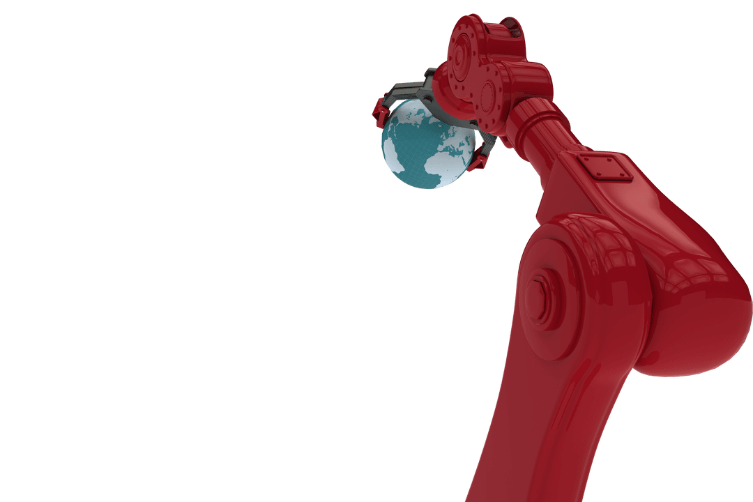 Transparent Red Robotic Arm Holding Earth Globally