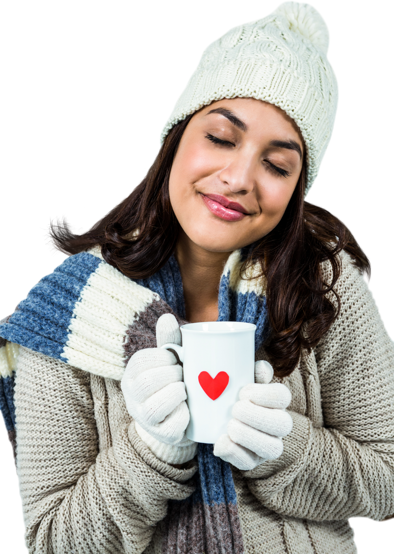 Smiling Woman Dressed for Winter Holding Heart Mug on Transparent Background - Download Free Stock Images Pikwizard.com