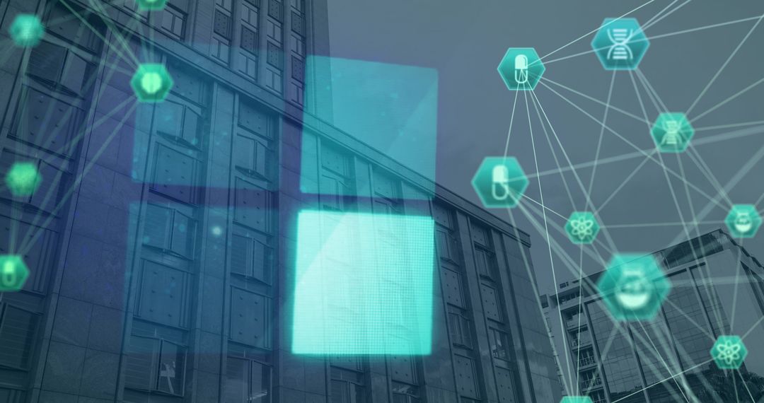 Digital Healthcare Interface Overlay on Urban Skyline